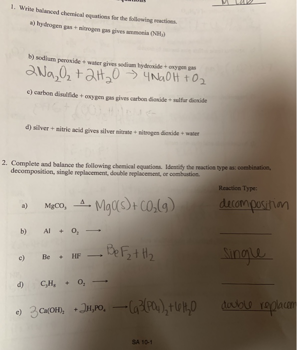 Solved 1. Write balanced chemical equations for the | Chegg.com