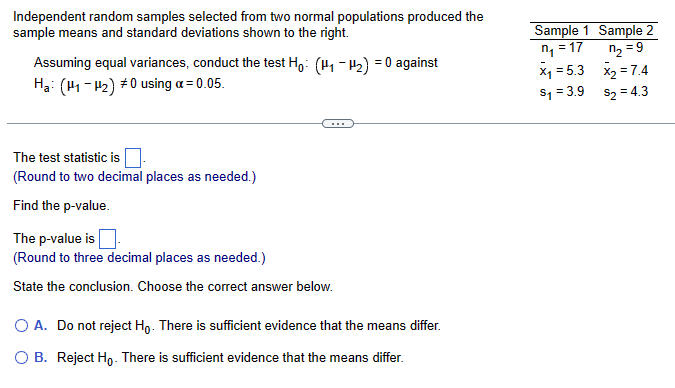 Solved Independent random samples selected from two normal | Chegg.com