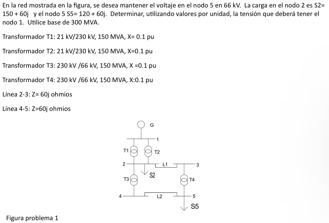 En la red mostrada en la figura, se desea mantener el voltaje en el nodo 5 en \( 66 \mathrm{kV} \). La carga en el nodo 2 es
