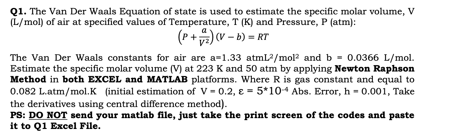 Solved + Q1. The Van Der Waals Equation of state is used to | Chegg.com