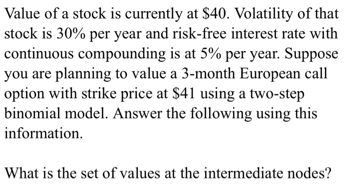 Solved Value of a stock is currently at $40. Volatility of | Chegg.com