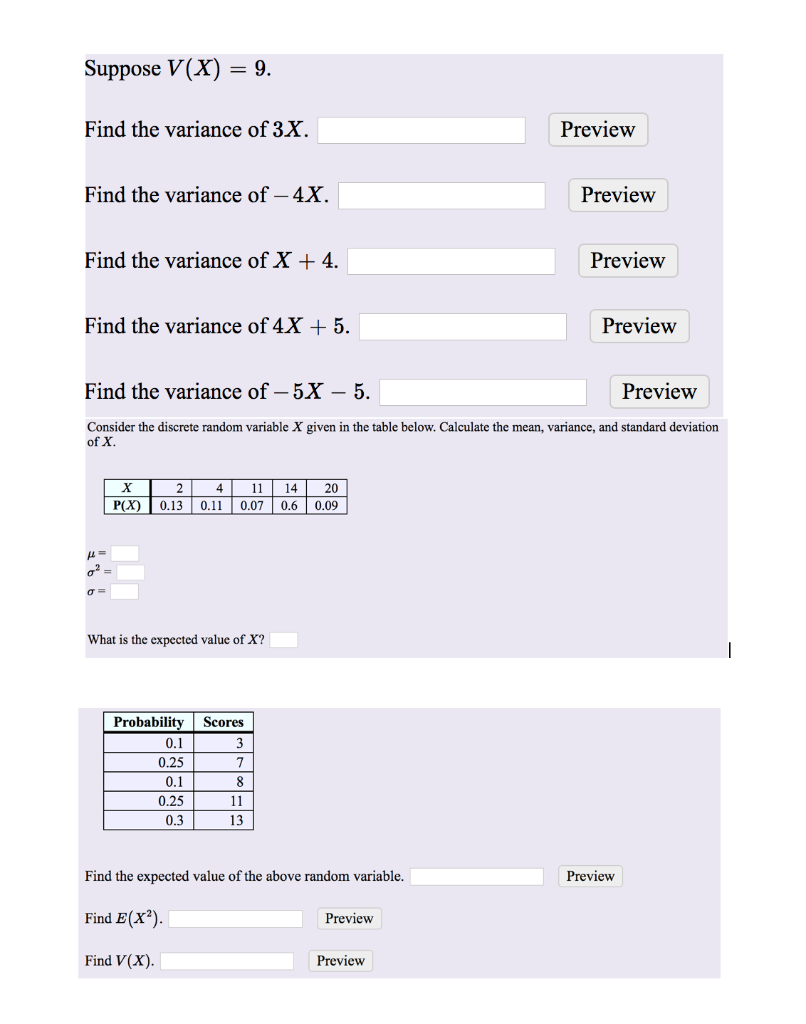 Solved Suppose V X 9 Find The Variance Of 3 X Preview Chegg Solved Suppose V X 9 Find The Variance Of 3 X Preview Chegg