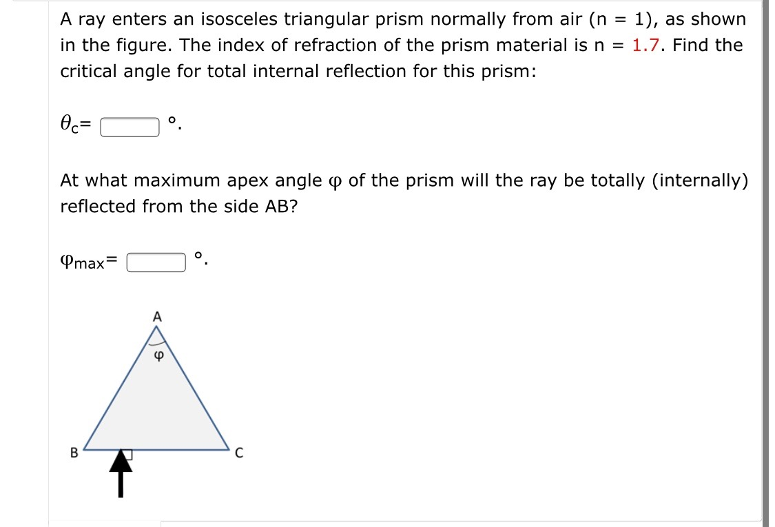 Solved A Ray Enters An Isosceles Triangular Prism Normally 5523