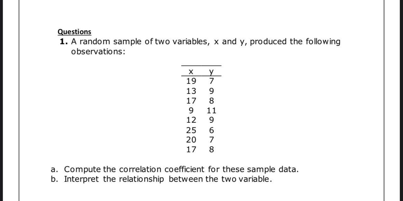 Solved Questions 1. A random sample of two variables, x and | Chegg.com