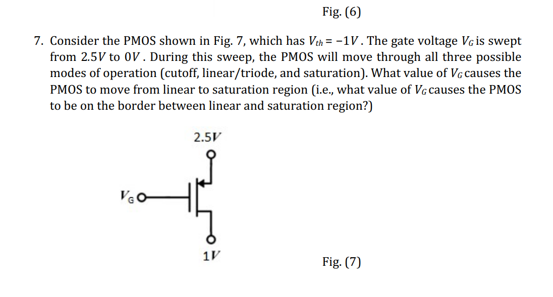 Solved Fig. (6) 7. Consider the PMOS shown in Fig. 7, which | Chegg.com
