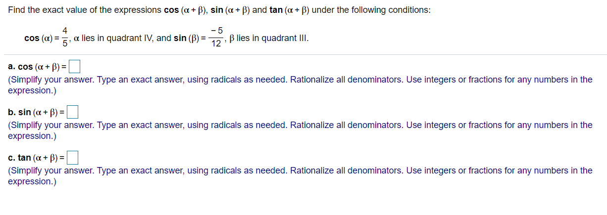 Solved Find The Exact Value Of The Expressions Cos (a + B), | Chegg.com