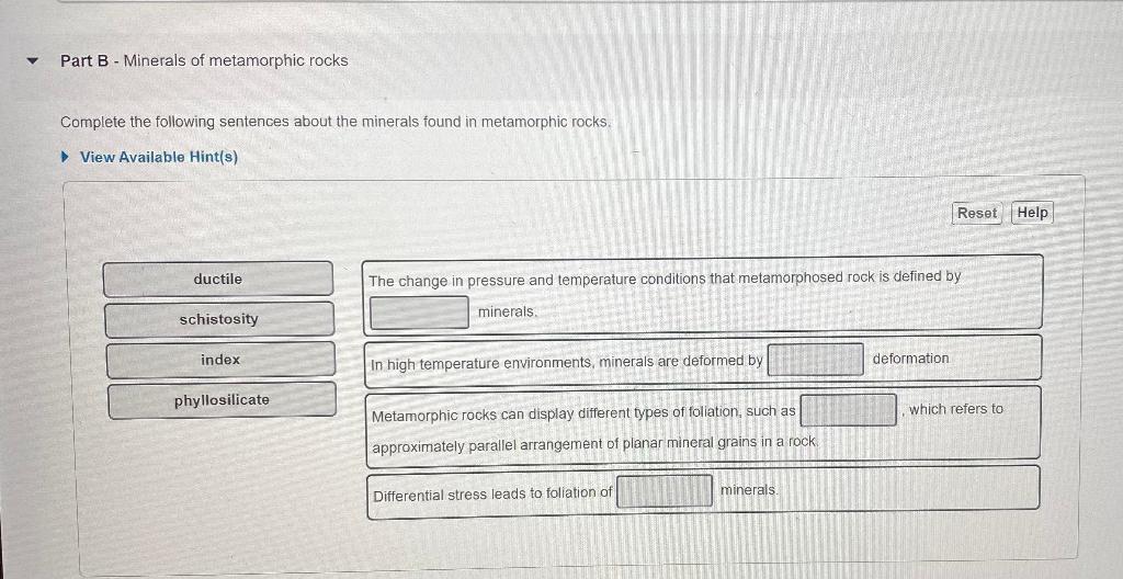 Solved v Part B - Minerals of metamorphic rocks Complete the | Chegg.com