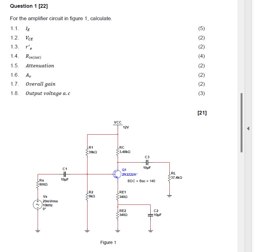Solved For the amplifier circuit in figure 1, calculate. | Chegg.com
