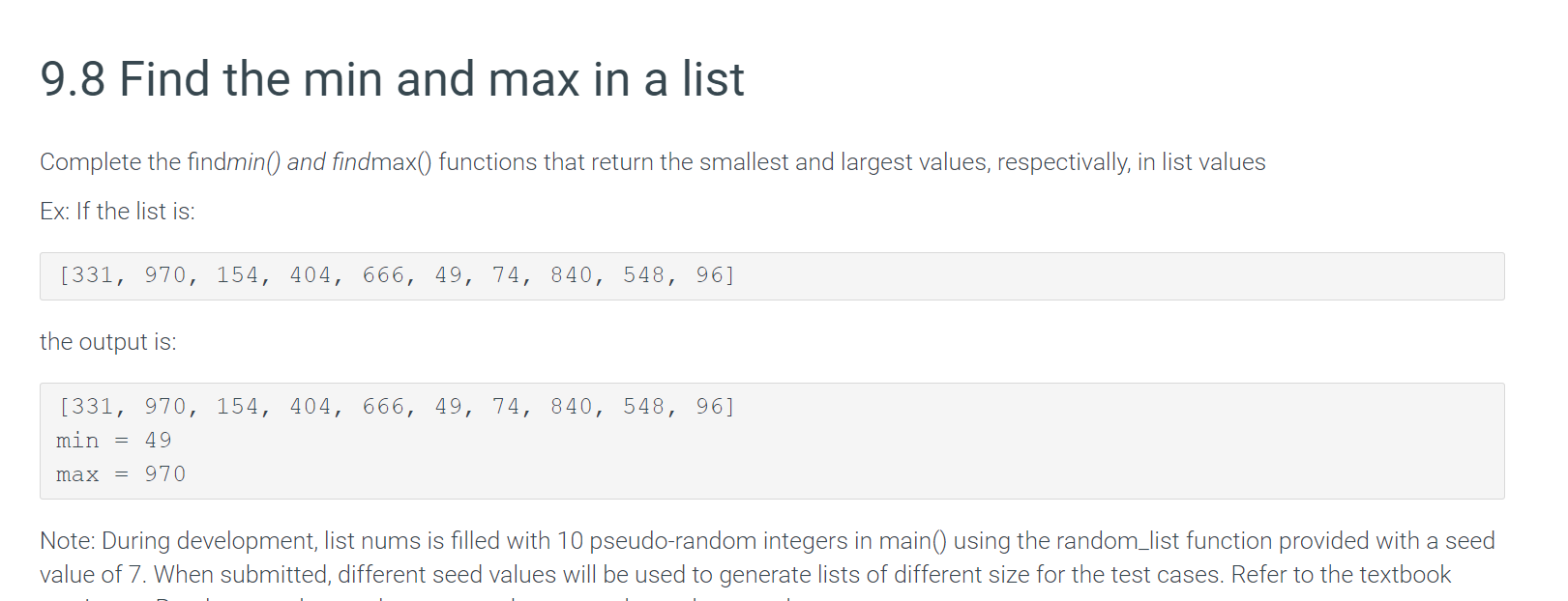 Solved 9.8 Find the min and max in a list Complete the | Chegg.com