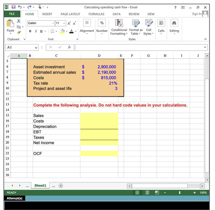 Solved 日ち Calculating Operating Cash Flow Excel Formulas 4453