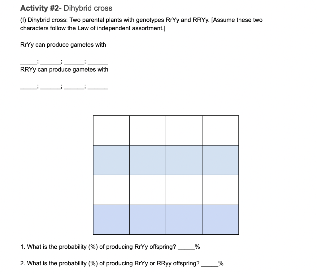 Solved Activity #2- Dihybrid cross (1) Dihybrid cross: Two | Chegg.com