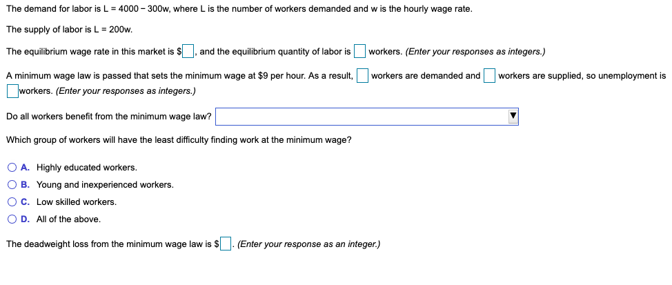 Solved The demand for labor is L = 4000 - 300w, where L is | Chegg.com