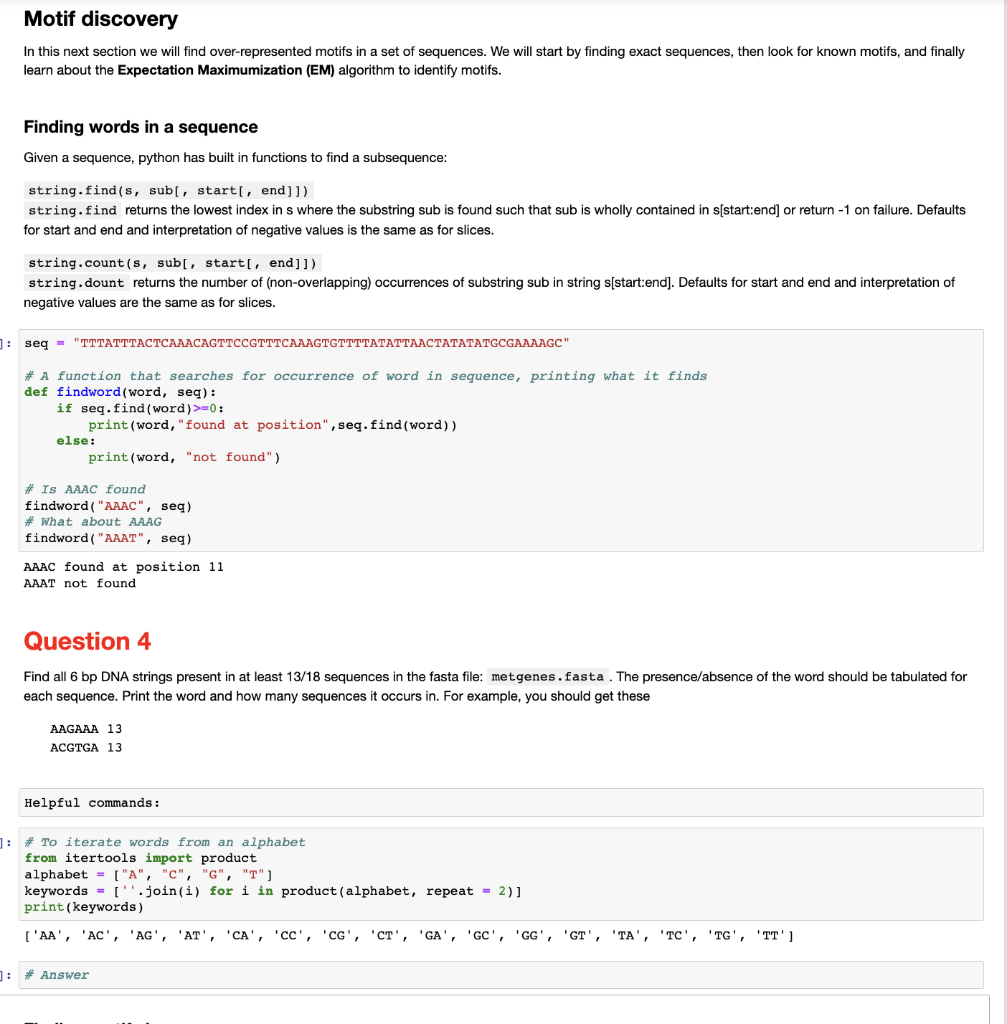 Solved Motif discovery In this next section we will find | Chegg.com