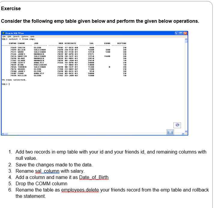 Empr Table Environment Solved Exercise Consider the following emp table given below | Chegg.com