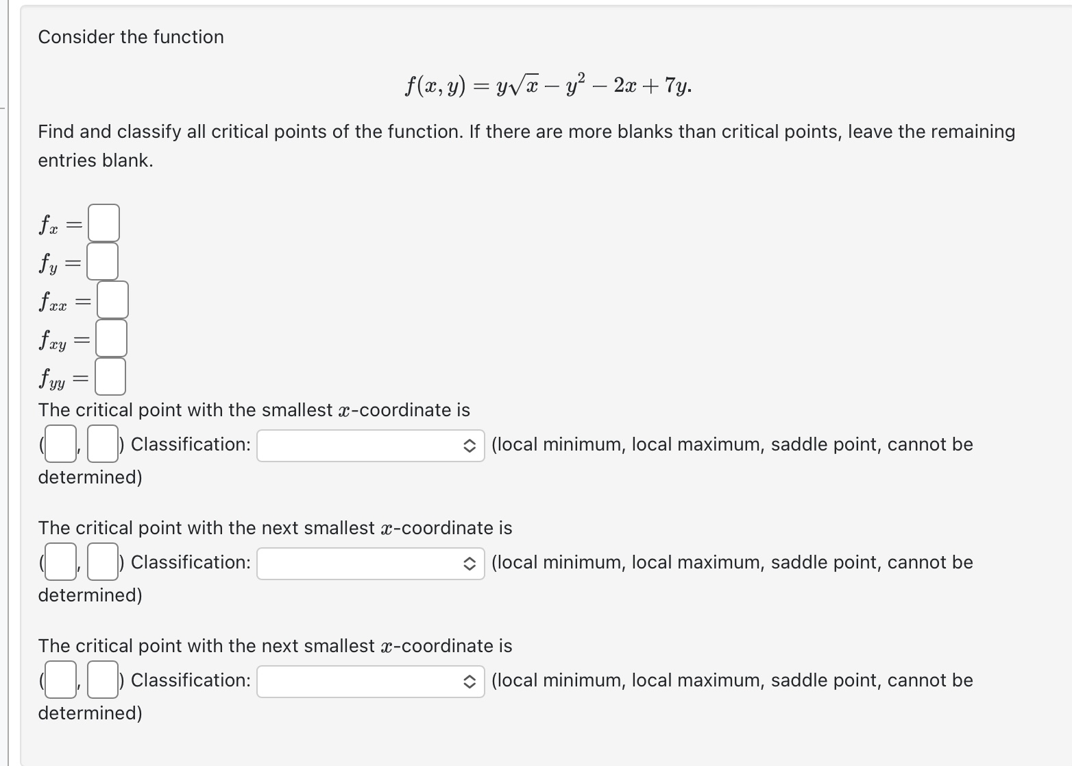 Solved Consider the function f(x,y)=yx−y2−2x+7y. Find and | Chegg.com