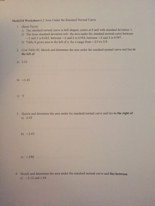 Solved Math224 Worksheet 6.2 Area Under the Standard Normal | Chegg.com