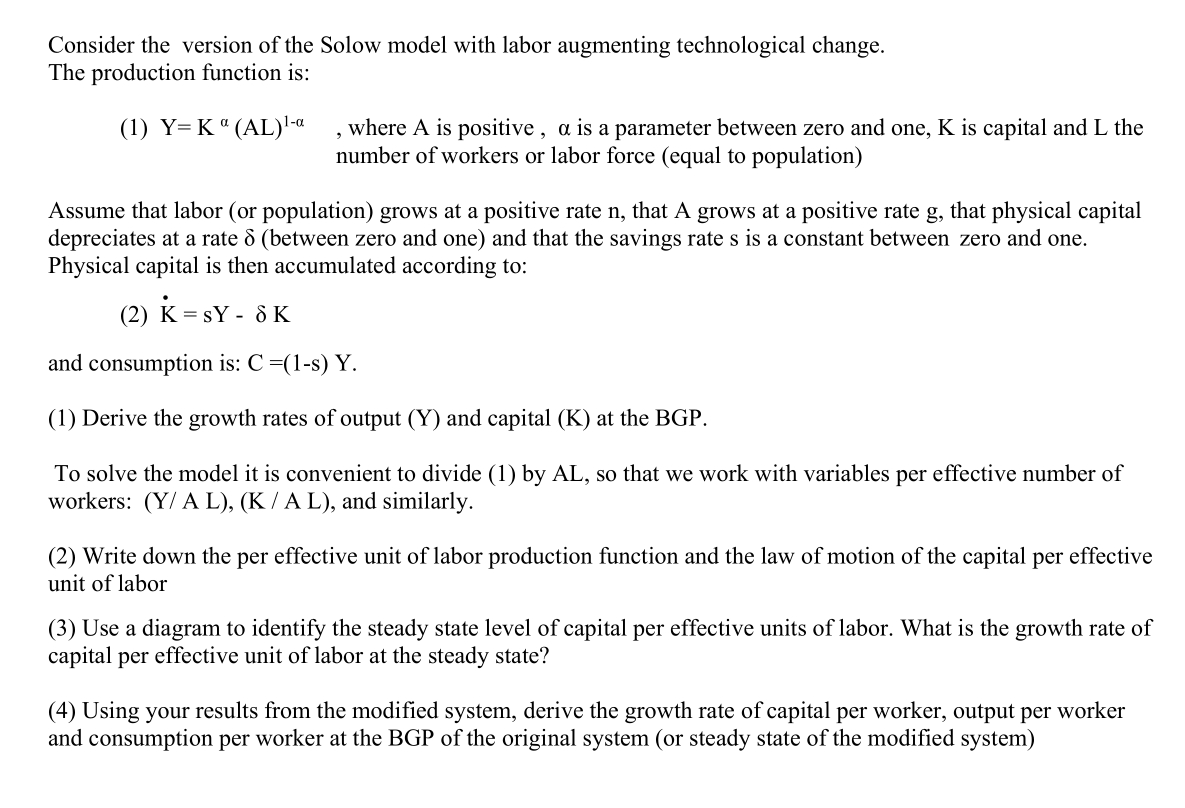 Solved Consider the version of the Solow model with labor | Chegg.com