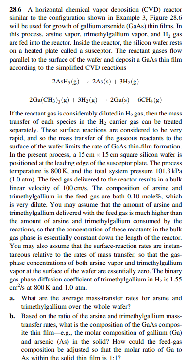 28.6 A horizontal chemical vapor deposition (CVD) reactor similar to the configuration shown in Example 3, Figure 28.6 will b