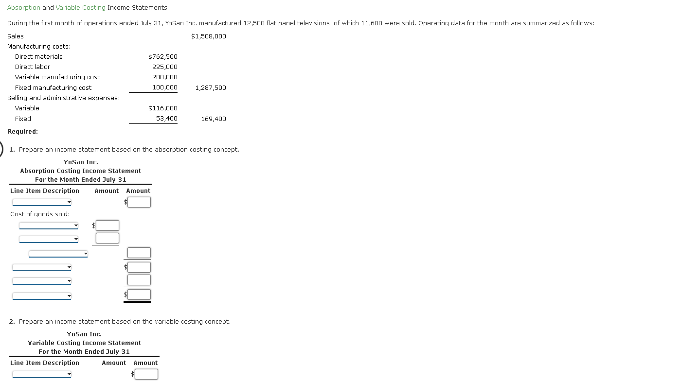 Solved Absorption and Variable Costing Income Statements 1. | Chegg.com