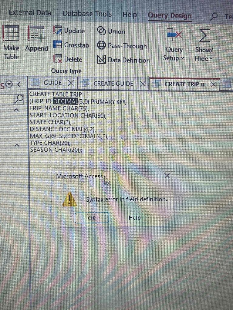 Syntax Error In Field Definition Access