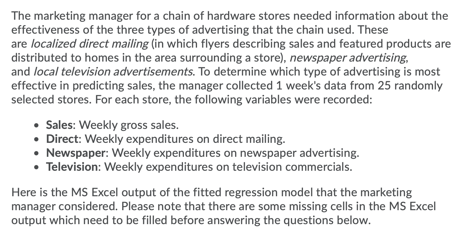 Solved The marketing manager for a chain of hardware stores