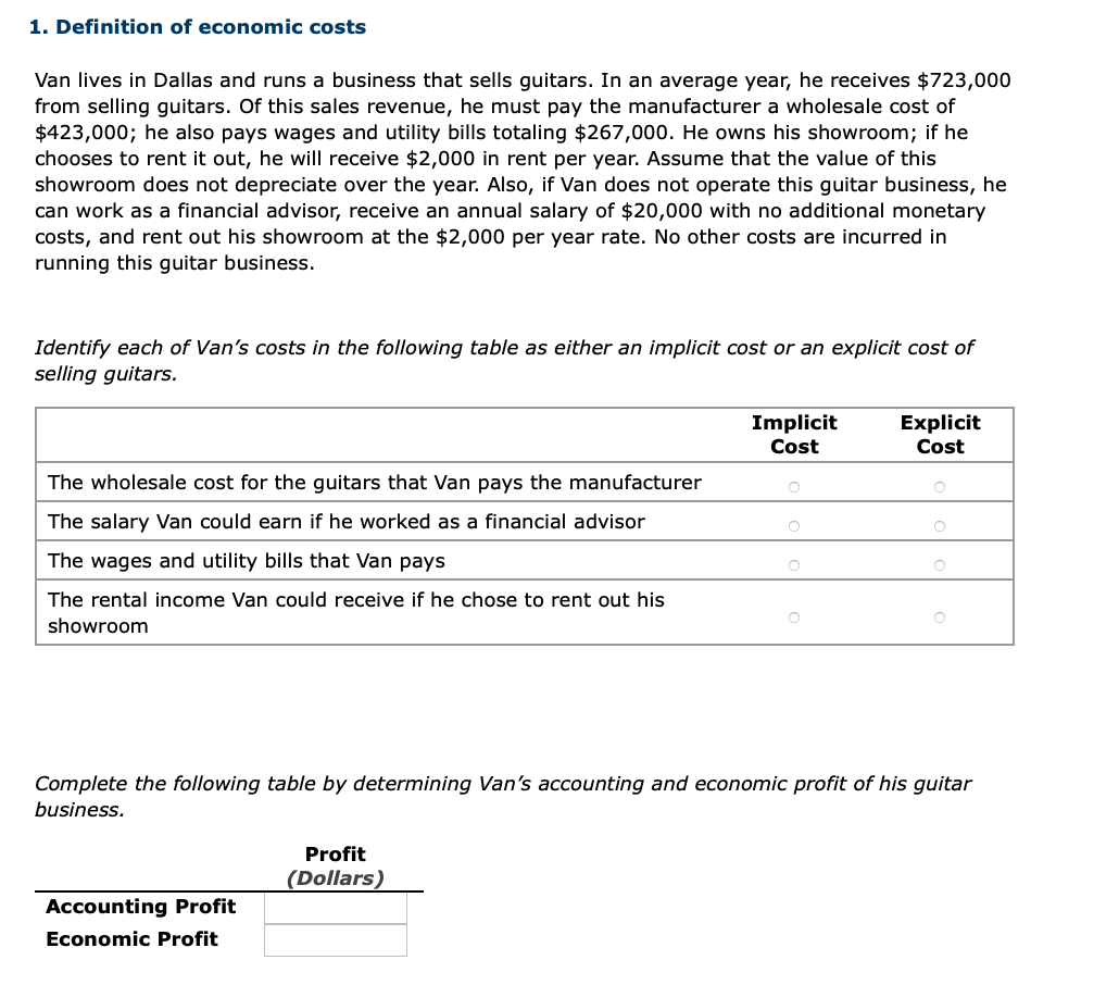 Solved 1. Definition of economic costs Van lives in Dallas | Chegg.com