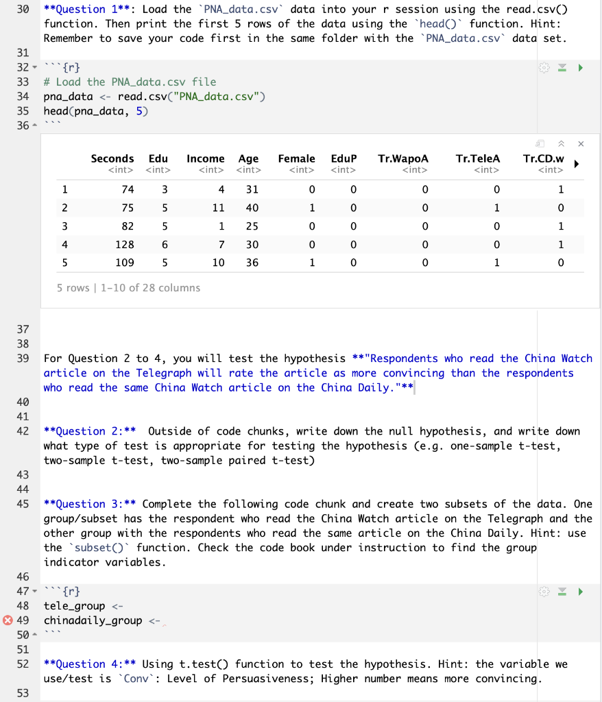 Solved Q uestion 1 Load the PNA data.csv data into