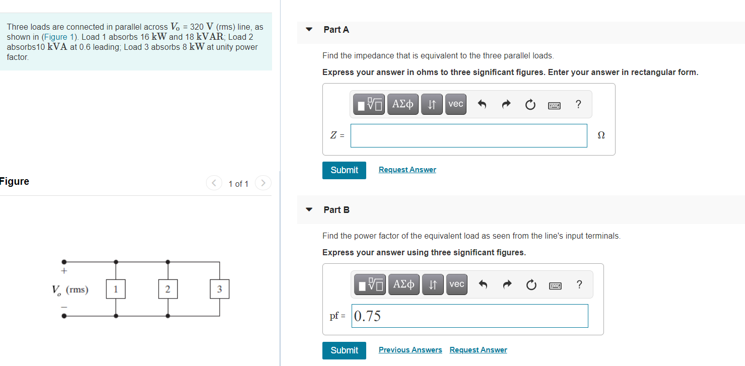 Solved Part A Three loads are connected in parallel across | Chegg.com