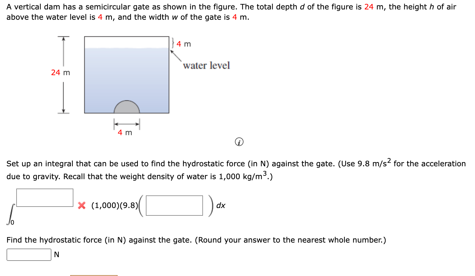 A vertical dam has a semicircular gate as shown in the figure. The total depth \( d \) of the figure is \( 24 \mathrm{~m} \),