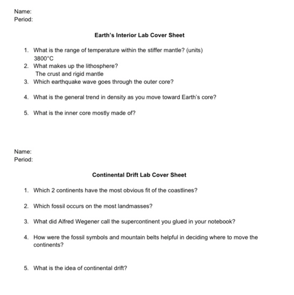 Solved Name: Period: Earth's Interior Lab Cover Sheet 1. 