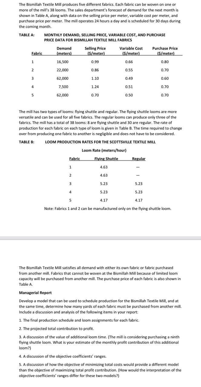 Solved The Bismillah Textile Mill produces five different | Chegg.com