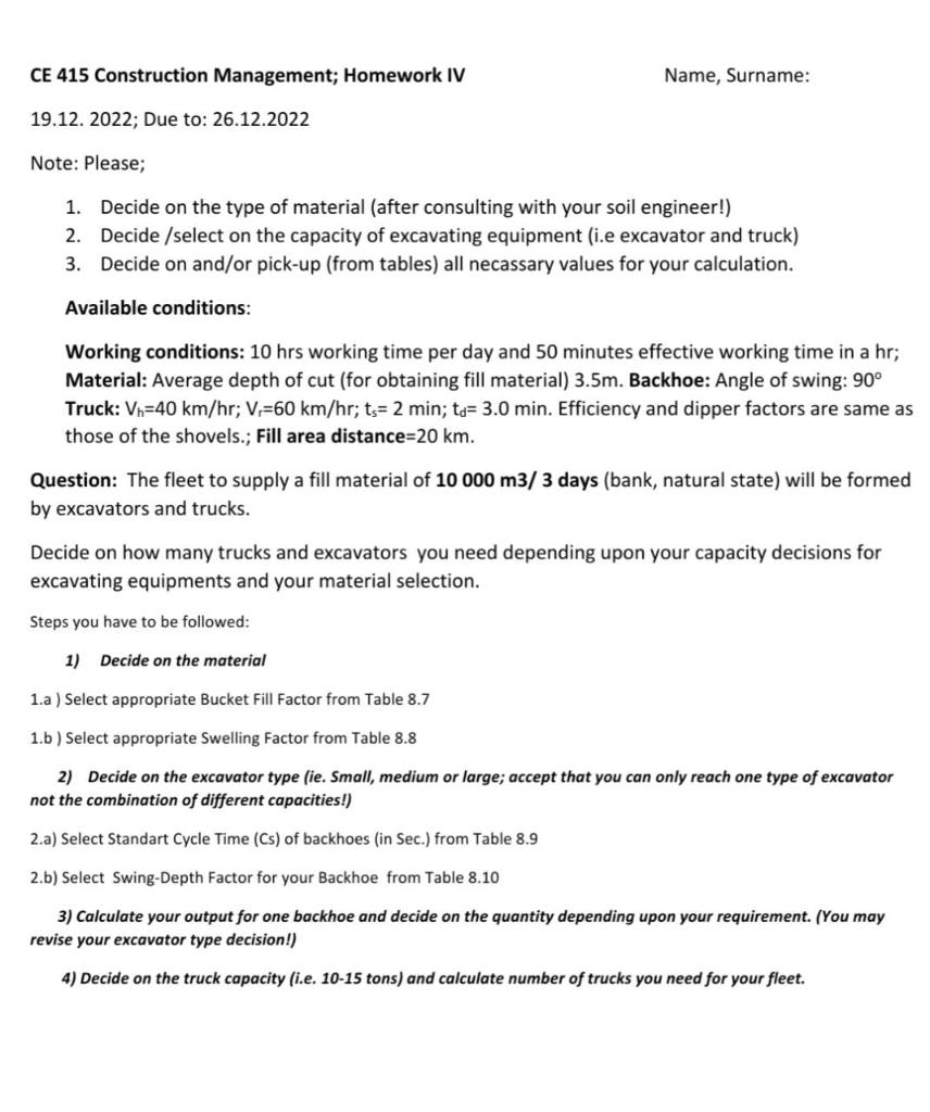 Solved CE 415 Construction Management; Homework IV Name,