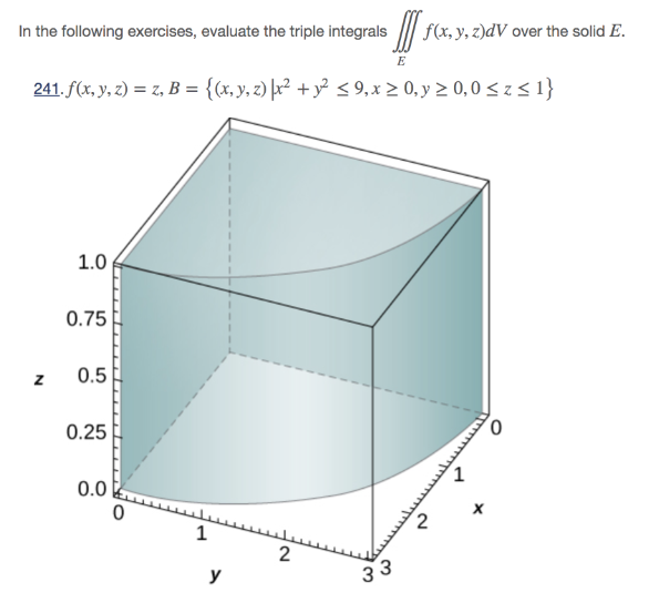 In the following exercises, evaluate the triple integrals \( \iiint_{E} f(x, y, z) d V \) over the solid \( E \). \[ \text {