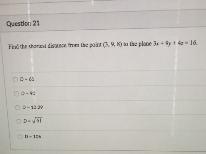Solved Question 21 Find the shortest distance from the point | Chegg.com