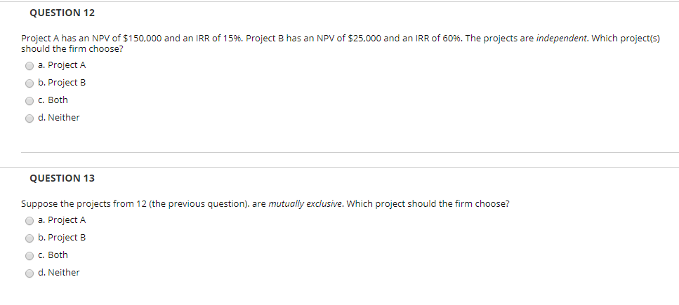Solved QUESTION 12 Project A has an NPV of $150,000 and an | Chegg.com
