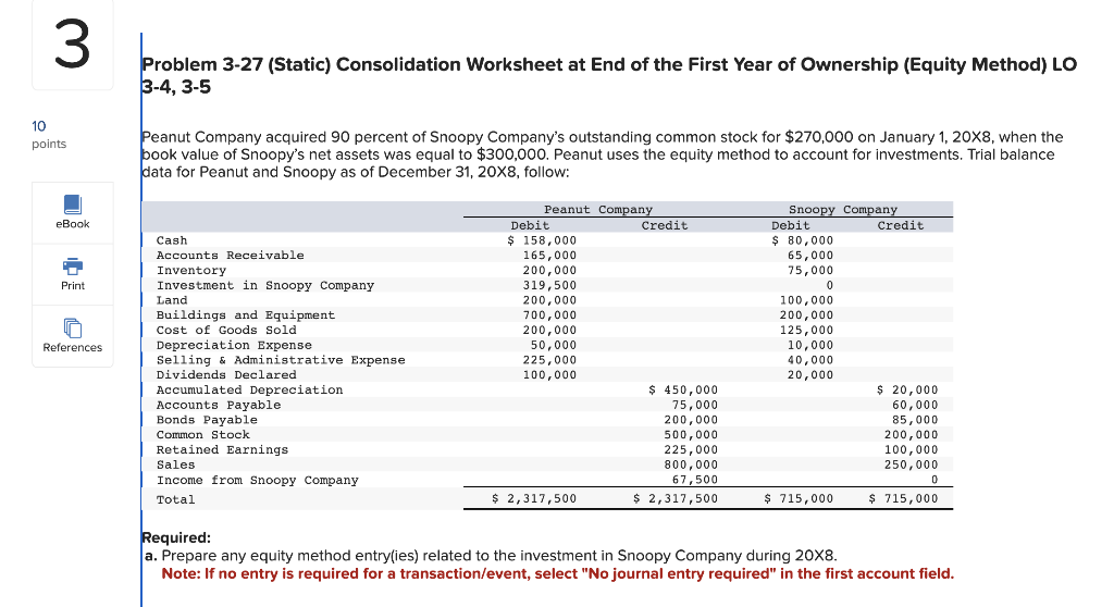 Problem 3-27 (Static) Consolidation Worksheet at End of the First Year of Ownership (Equity Method) LO 3-4, 3-5

Peanut Compa