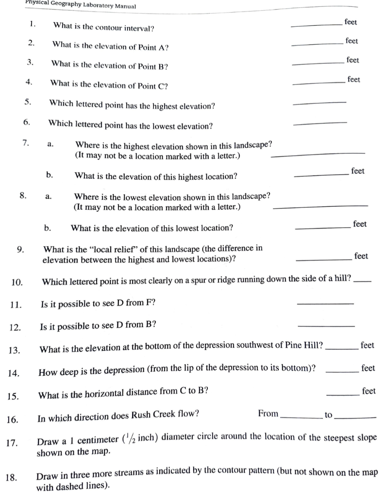 5. Which lettered point has the highest elevation?
6. Which lettered point has the lowest elevation?
7. a. Where is the highe