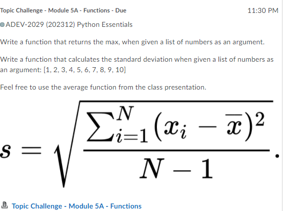 Solved 11:30 PM Topic Challenge - Module 5A - Functions - | Chegg.com