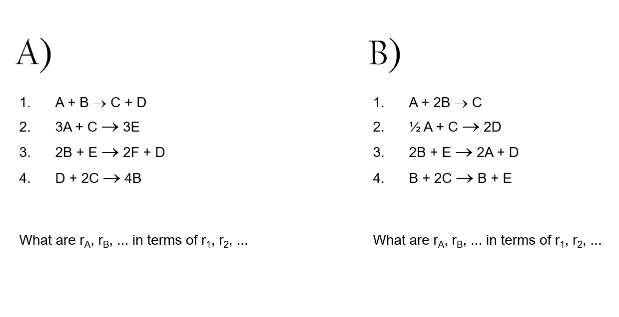 Solved 1. A+B→C+D 1. A+2B→C 2. 3 A+C→3E 2. 1/2A+C→2D 3. 2 | Chegg.com
