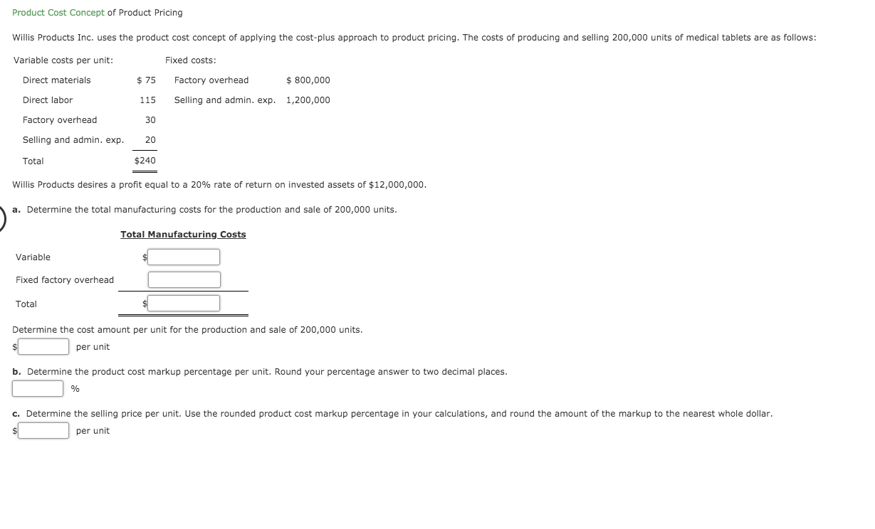 Solved Product Cost Concept of Product Pricing Willis