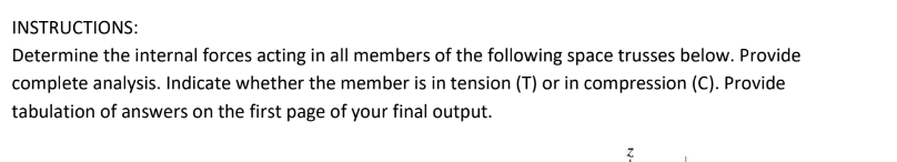 INSTRUCTIONS:
Determine the internal forces acting in all members of the following space trusses below. Provide complete anal