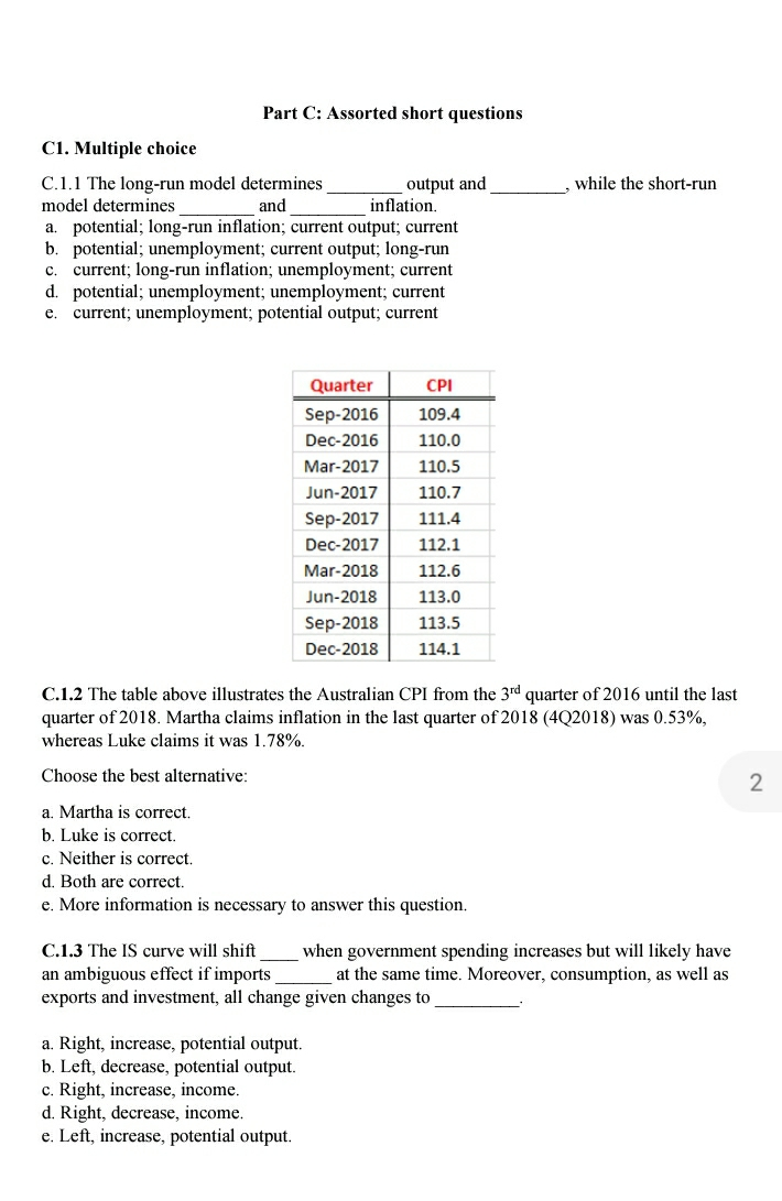 Solved Part C: Assorted short questions C1. Multiple choice | Chegg.com