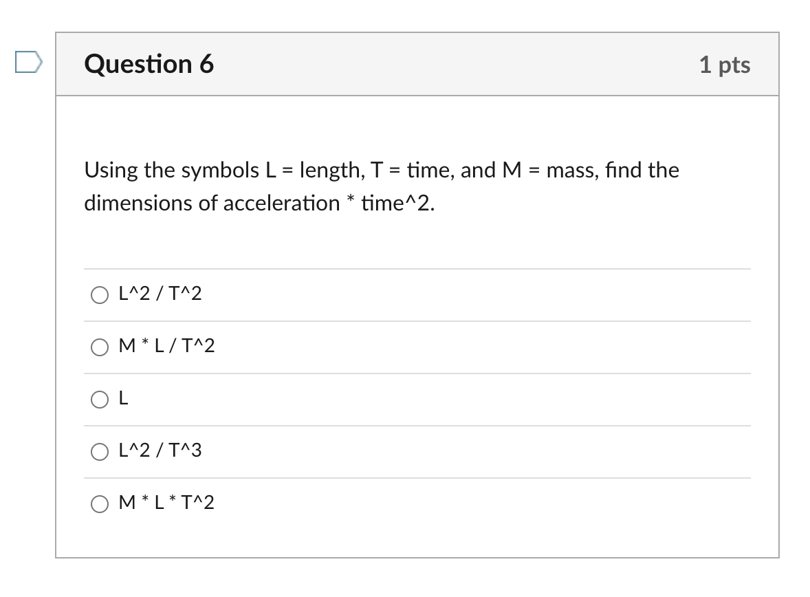 Solved Question 6 1 pts = Using the symbols L = length, T = | Chegg.com