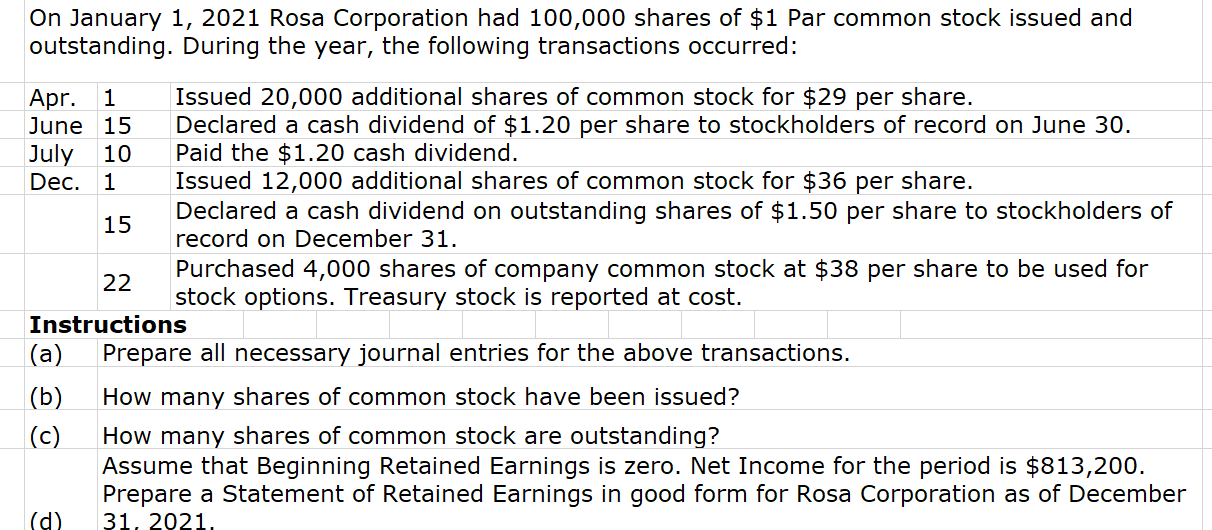 Solved On January 1, 2021 Rosa Corporation had 100,000 | Chegg.com