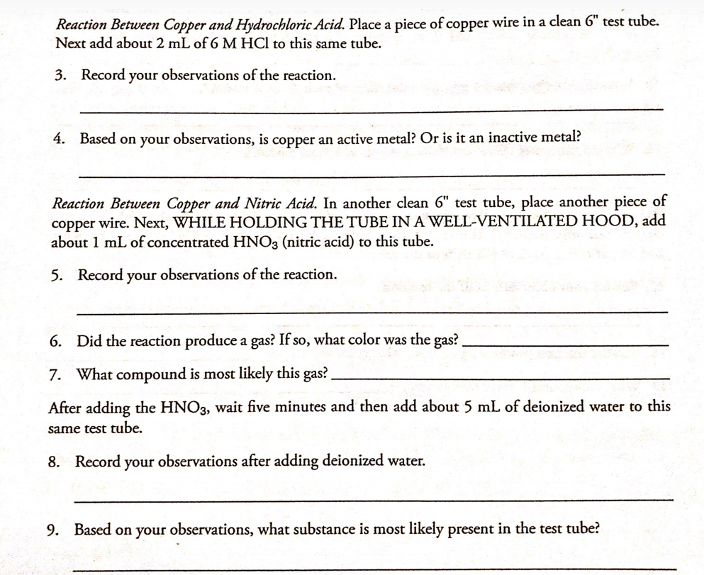 Solved Reaction Between Copper and Hydrochloric Acid. Place