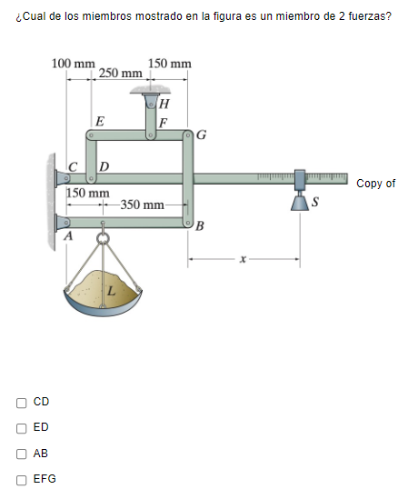 ¿Cual de los miembros mostrado en la figura es un miembro de 2 fuerzas? 100 mm 150 mm 250 mm H F E G C D Copy of 150 mm 350 m