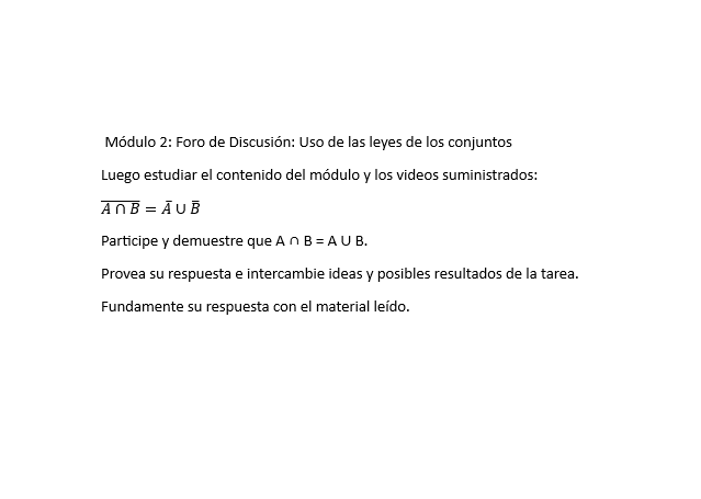 Módulo 2: Foro de Discusión: Uso de las leyes de los conjuntos Luego estudiar el contenido del módulo y los videos suministra