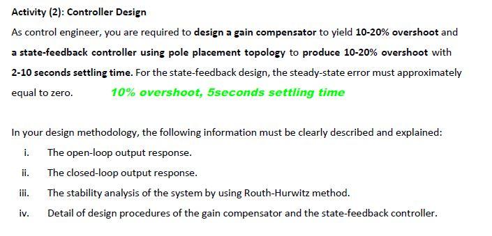 Solved Activity (2): Controller Design As Control Engineer, | Chegg.com