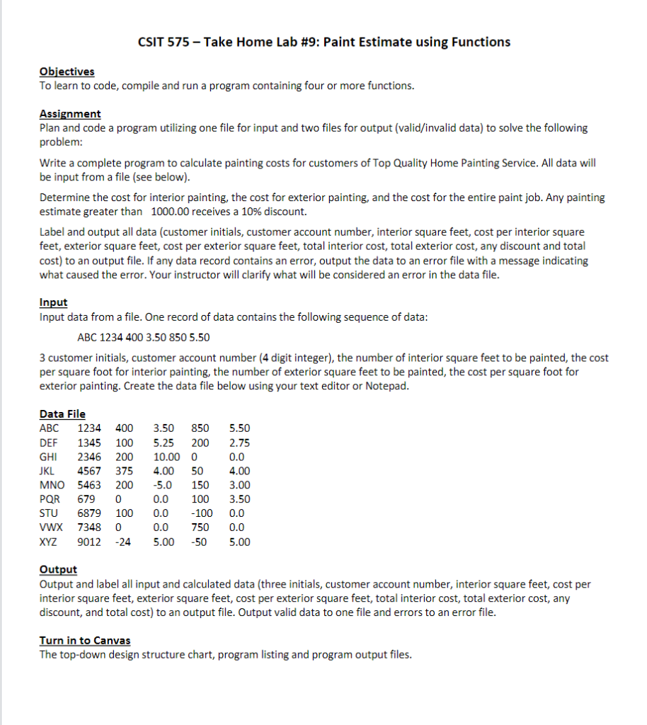 Solved CSIT 575-Take Home Lab #9: Paint Estimate using | Chegg.com