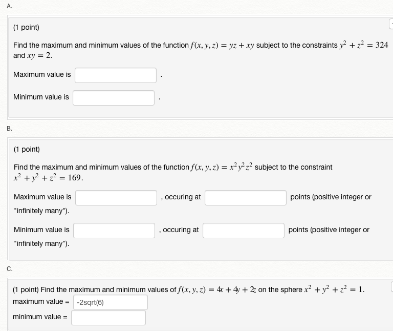 Solved A. 1 point) Find the maximum and minimum values of | Chegg.com